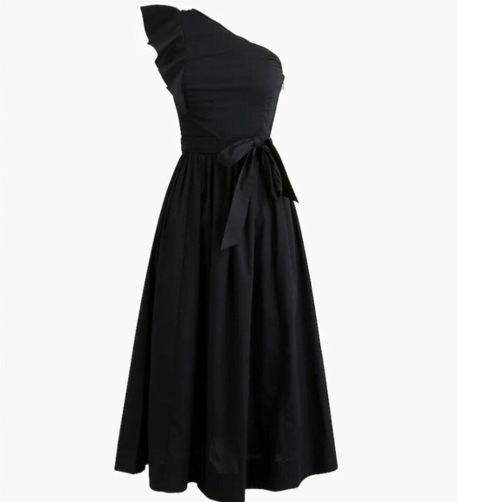 J. Crew Factory Size 0 One Shoulder Black Cotton Poplin Ruffle Waist Tie Dress